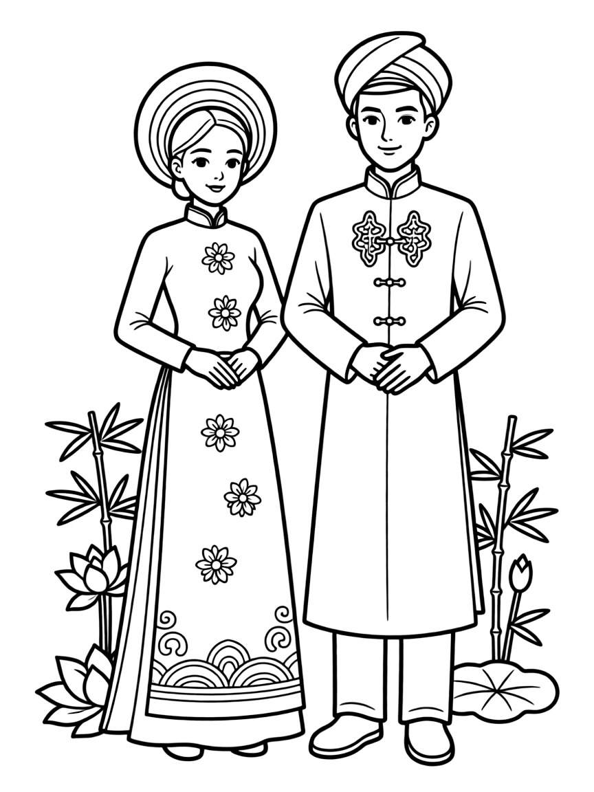 (Vietnam) A bride and groom wearing red and gold traditional wedding outfits during a Vietnamese ceremony.