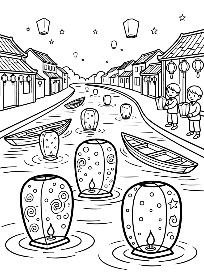 (Vietnam) Colorful candle-lit lanterns floating on the river in Hội An during the lantern festival.