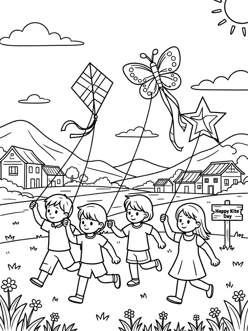 (Vietnam) Children running and flying kites in a green field in the Vietnamese countryside.