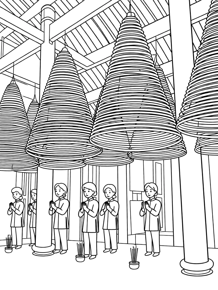(Vietnam) The interior of a temple with large hanging spiral incense coils and people praying.
