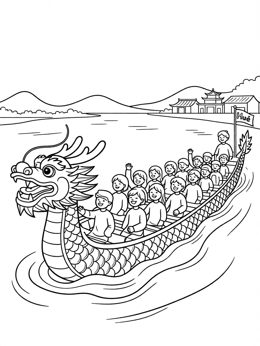 (Vietnam) A colorful dragon boat sailing on the Perfume River in Huế, full of passengers.