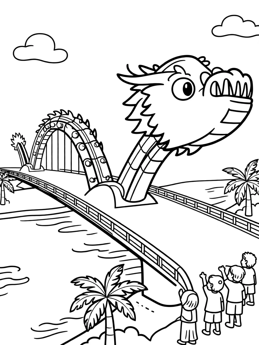 (Vietnam) The Dragon Bridge in Đà Nẵng shaped like a dragon, glowing with lights at night.