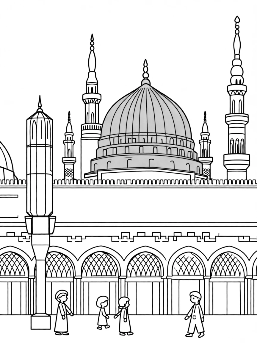 (Saudi Arabia) The Prophet’s Mosque in Medina, with its green dome and tall white minarets.