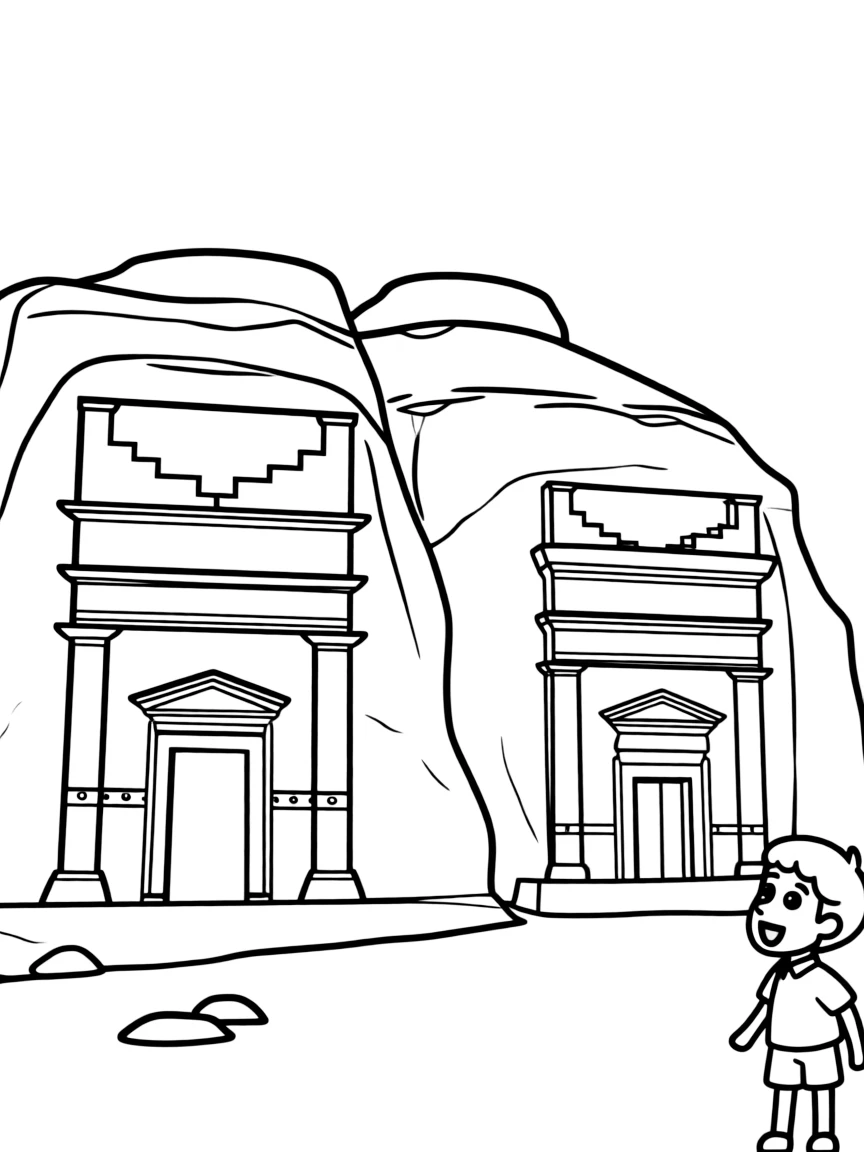 (Saudi Arabia) Ancient Nabatean tombs carved into the red cliffs at Mada’in Salih in Al-‘Ula.