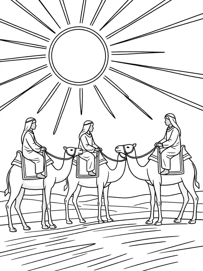 (Saudi Arabia) A long caravan of camels with riders crossing the open desert under the hot sun.