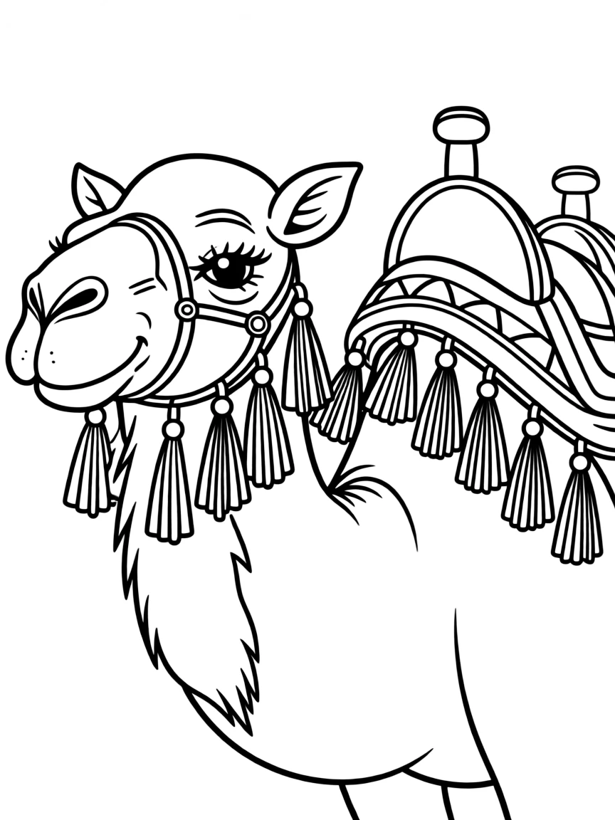 (Saudi Arabia) A close-up of a camel’s face and hump, wearing colorful tassels and a saddle.