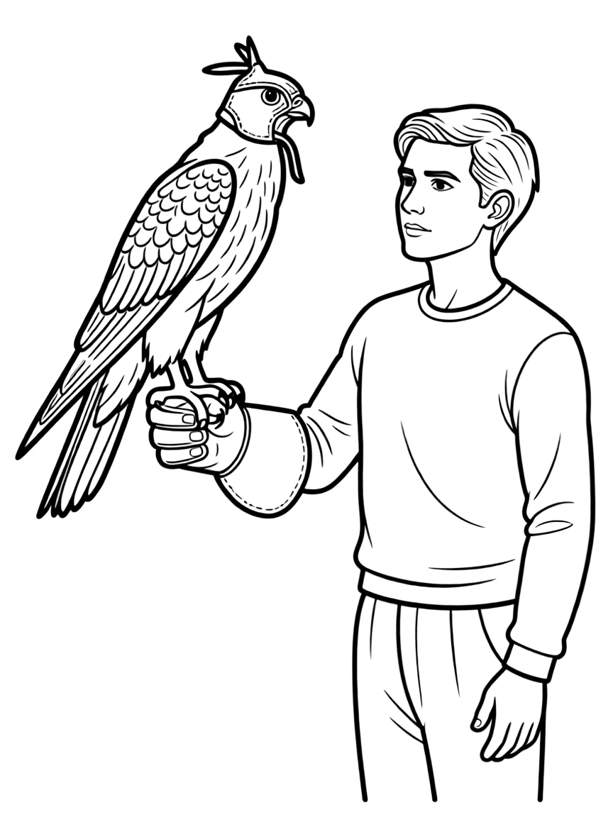 (Saudi Arabia) A proud falcon wearing a leather hood perched on its trainer’s gloved hand.