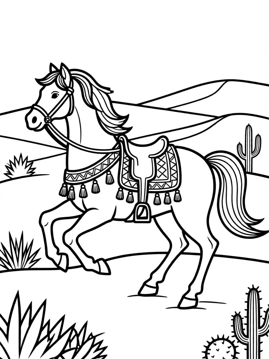 (Saudi Arabia) A sleek Arabian horse with a decorated saddle galloping across the desert.