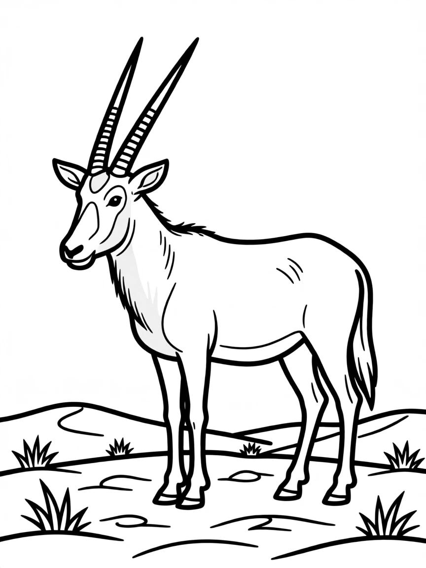 (Saudi Arabia) A white Arabian oryx with long straight horns standing on the sandy plains.