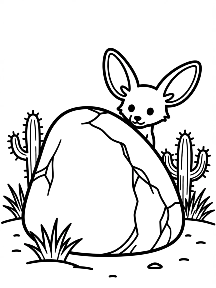 (Saudi Arabia) A tiny fennec fox with huge ears peeking out from behind a desert rock.