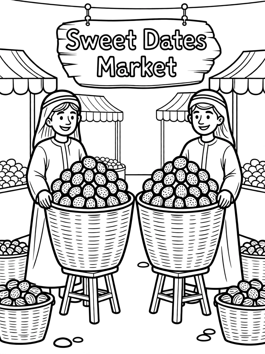 (Saudi Arabia) Farmers selling piles of sweet dates in baskets at a bustling date market.