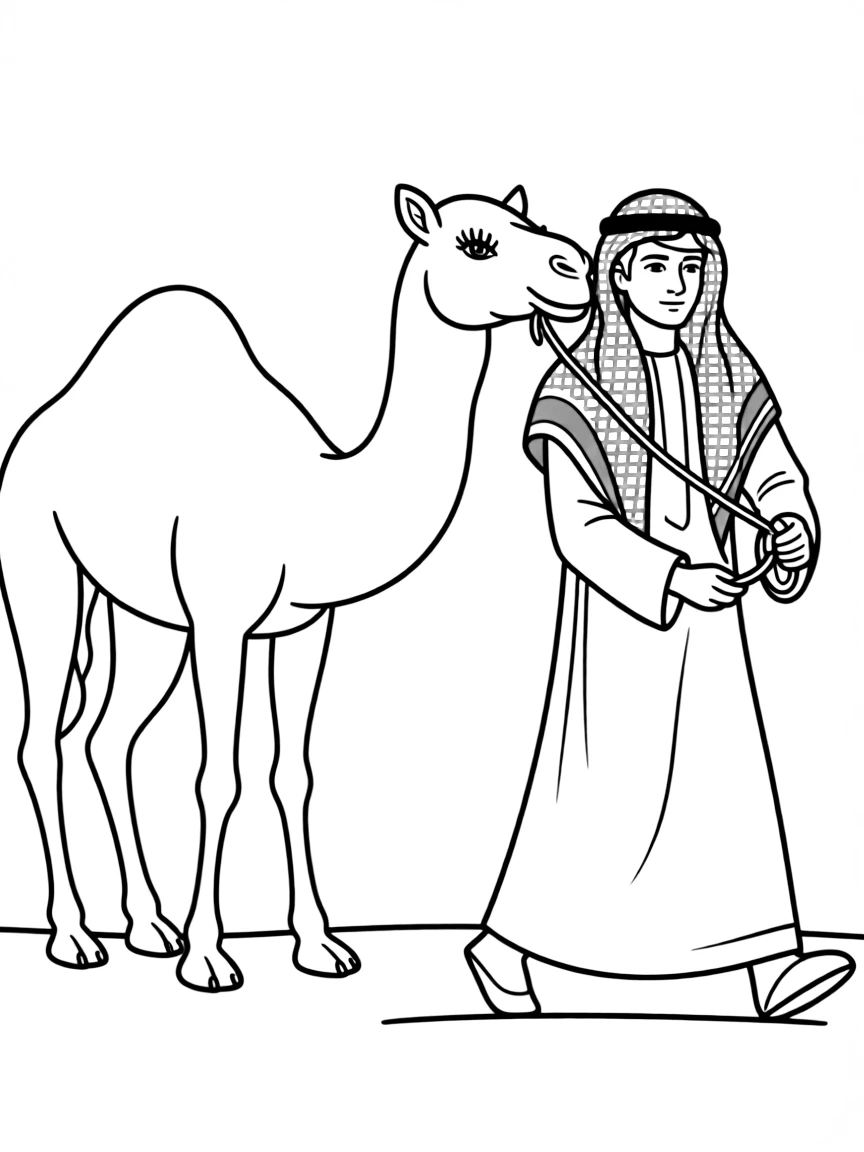 (Saudi Arabia) A Bedouin man in a white thobe and red checked shemagh leading a camel by a rope.