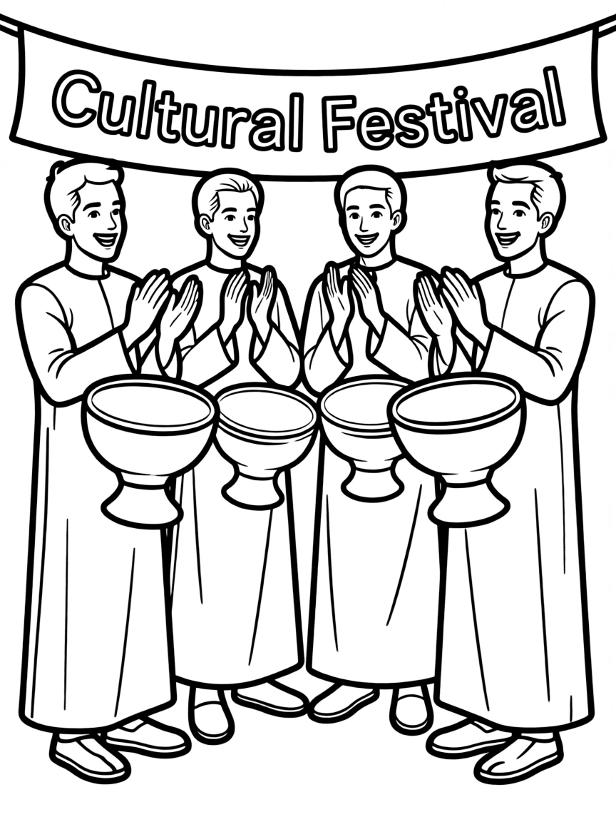 (Saudi Arabia) A group of men clapping and drumming on goblet drums at a cultural festival.