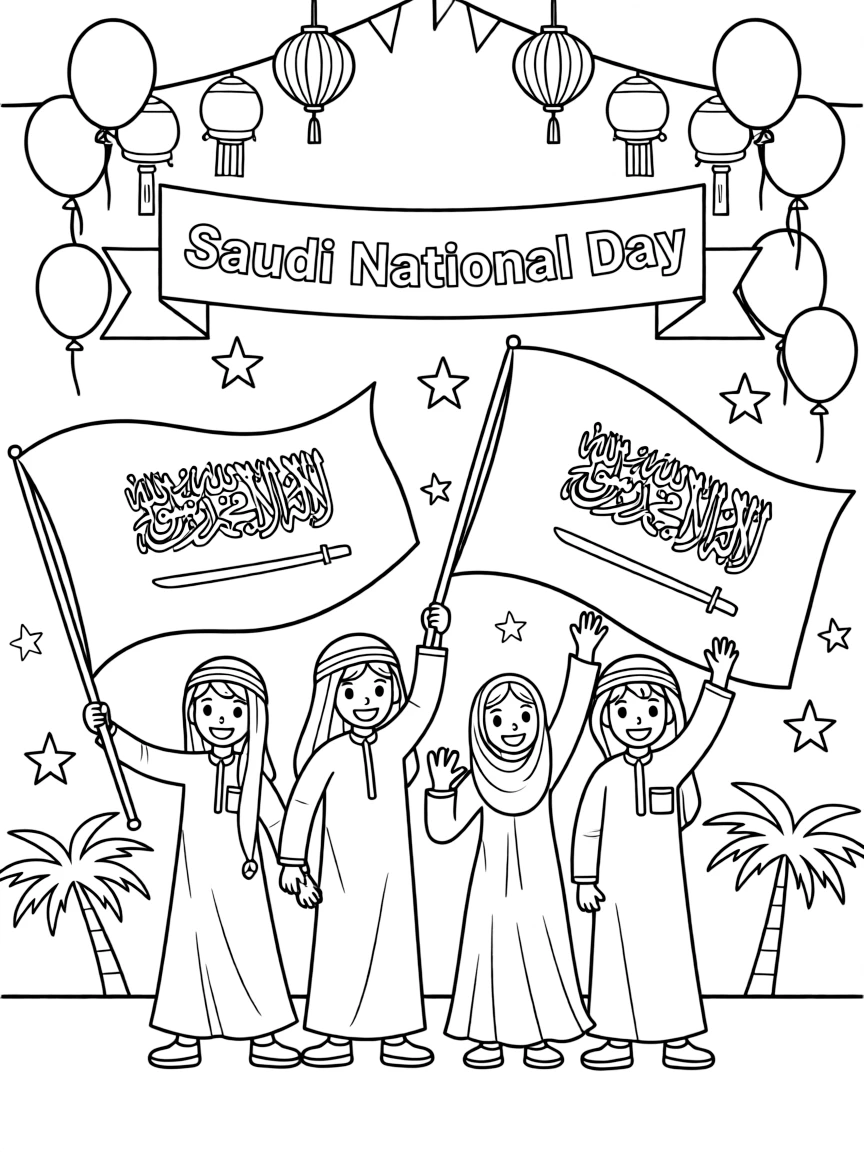 (Saudi Arabia) People celebrating Saudi National Day with green flags, traditional dress, and festivities.