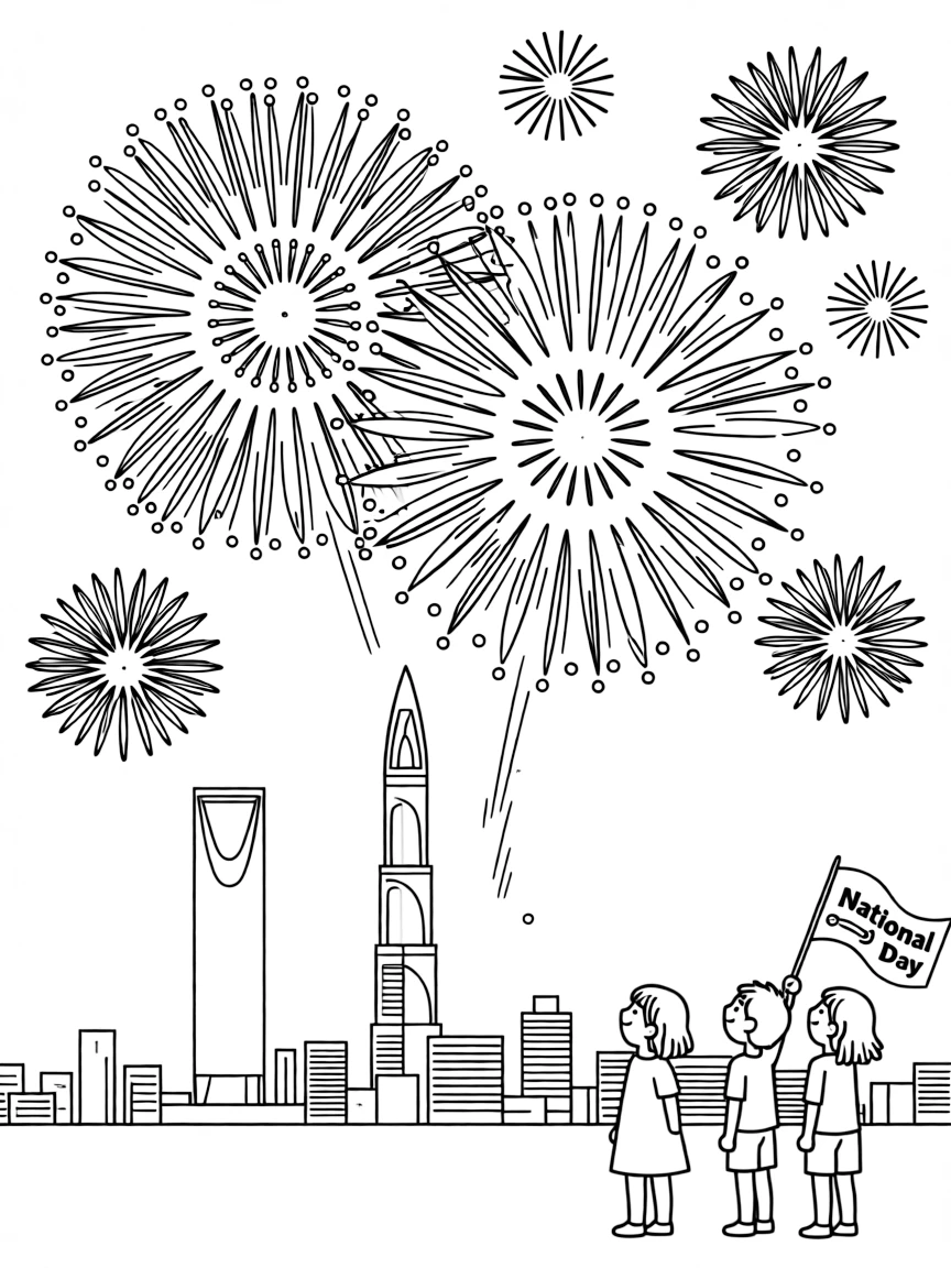 (Saudi Arabia) Bright fireworks exploding in the night sky over Riyadh’s skyline during National Day.