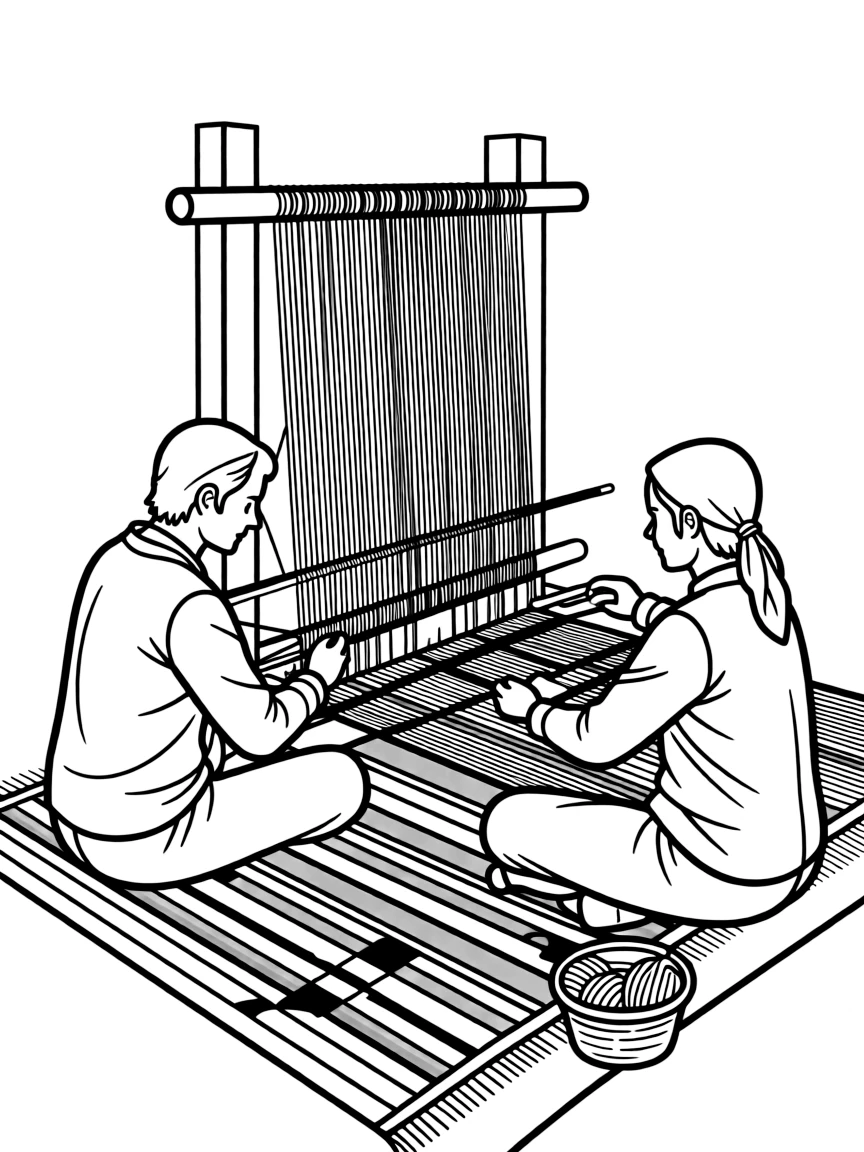 (Saudi Arabia) Artisans weaving a red and black Bedouin carpet (sadu) on a traditional loom.
