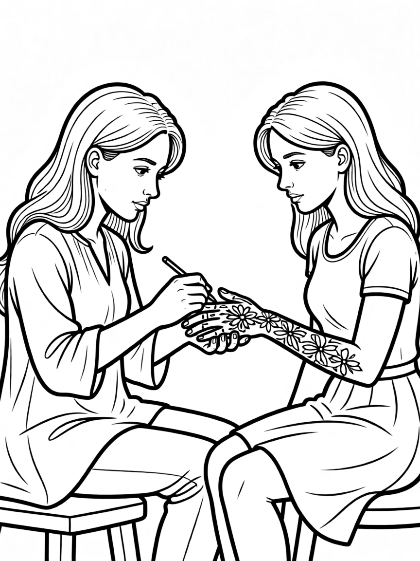 (Saudi Arabia) A woman carefully painting delicate henna patterns onto another woman’s hands.