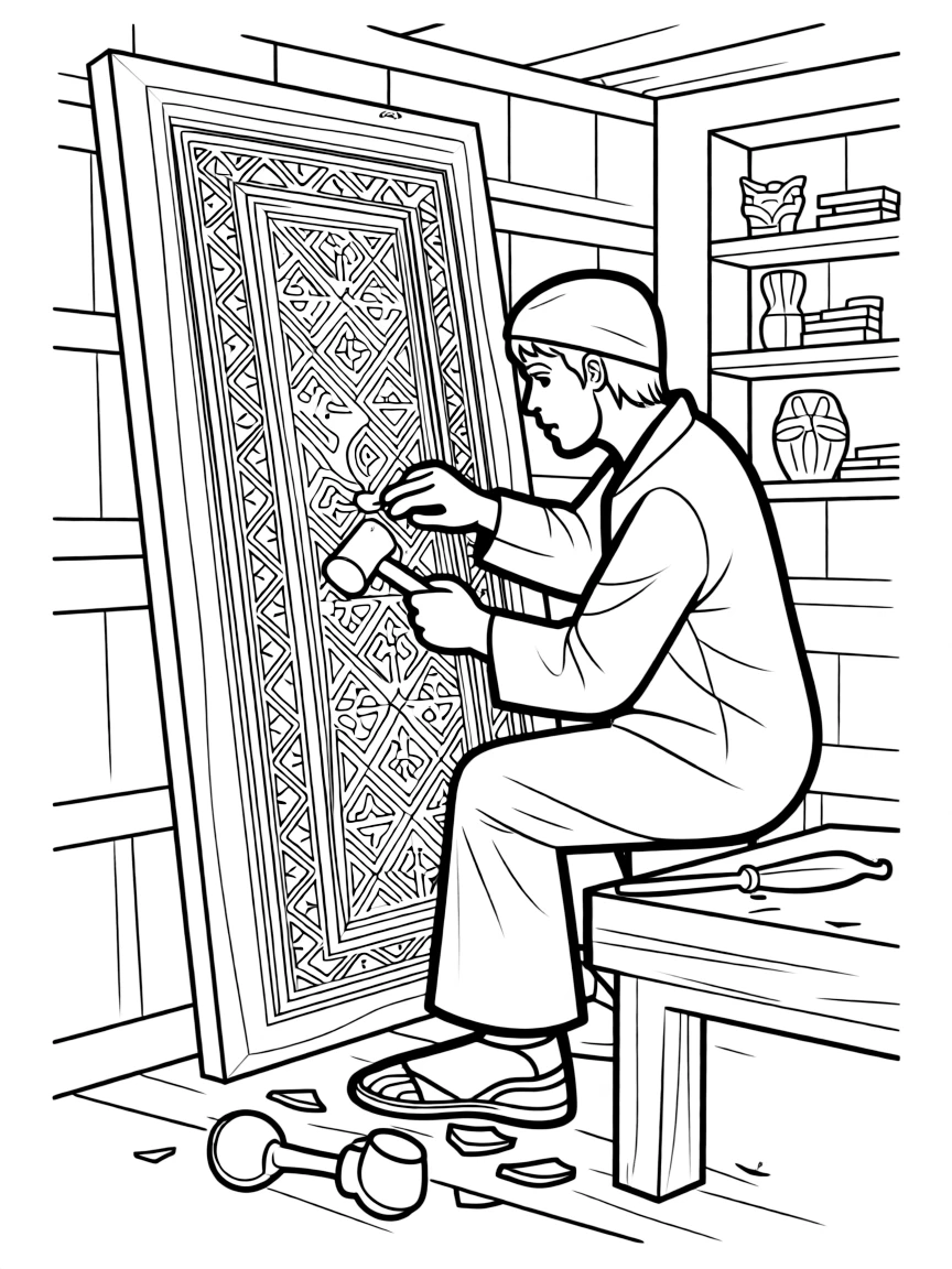(Saudi Arabia) A woodcarver chiseling an ornate design into a wooden door in a traditional workshop.