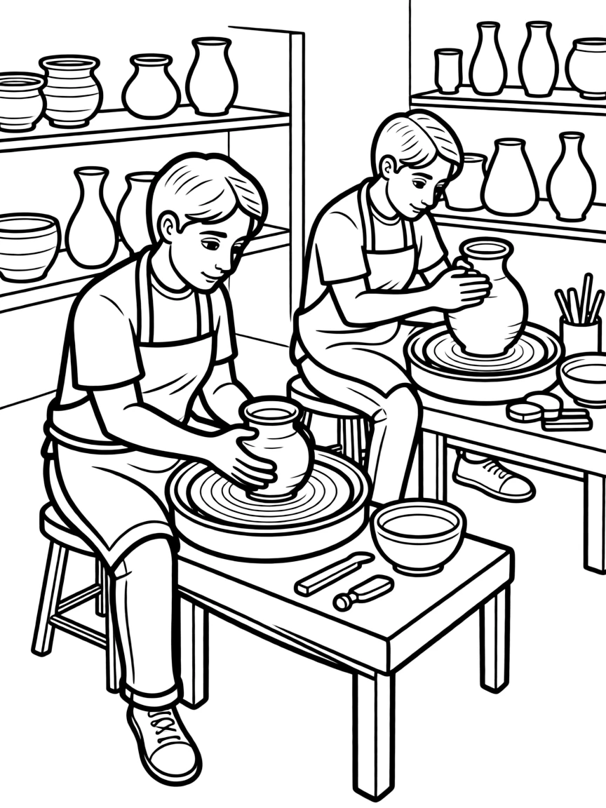 (Saudi Arabia) Potters shaping clay into pots and vases on spinning wheels in a pottery studio.
