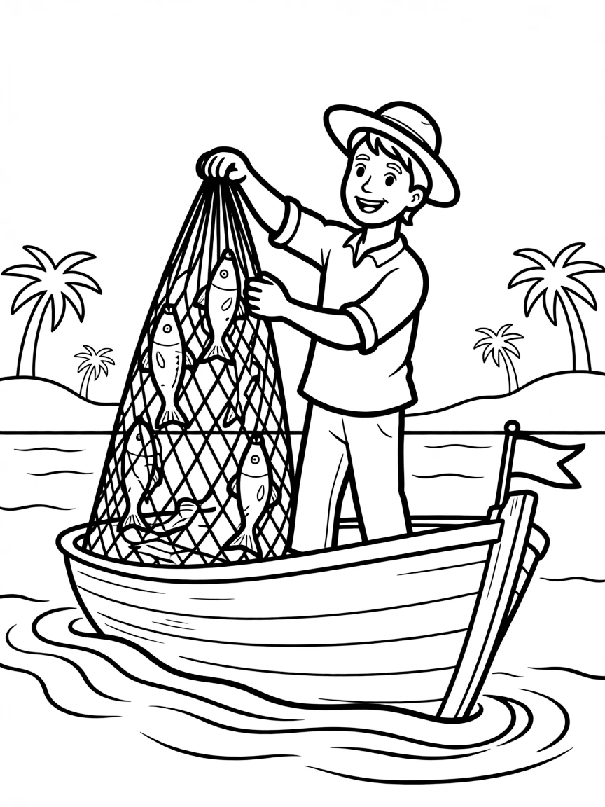 (Saudi Arabia) A fisherman along the Red Sea coast hauling in a net filled with fish onto his boat.