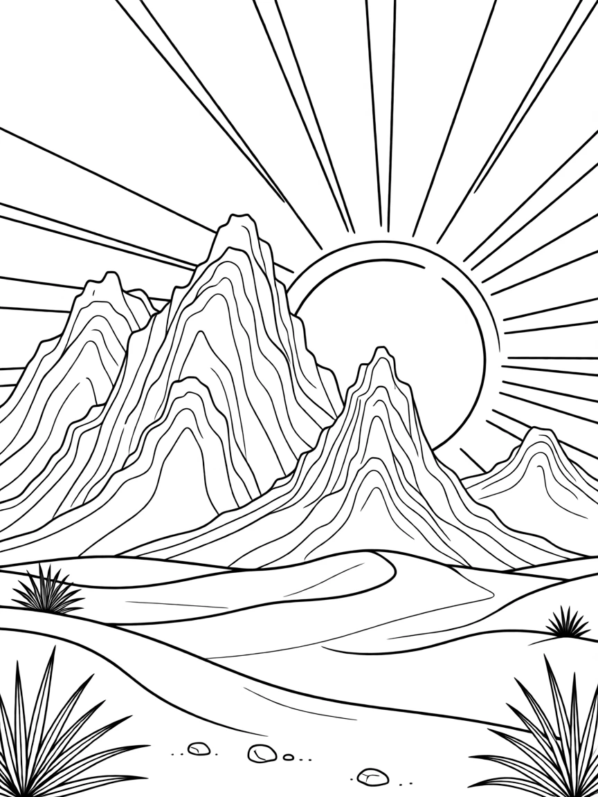 (Saudi Arabia) A breathtaking orange sunset behind rugged mountains in the Arabian desert.