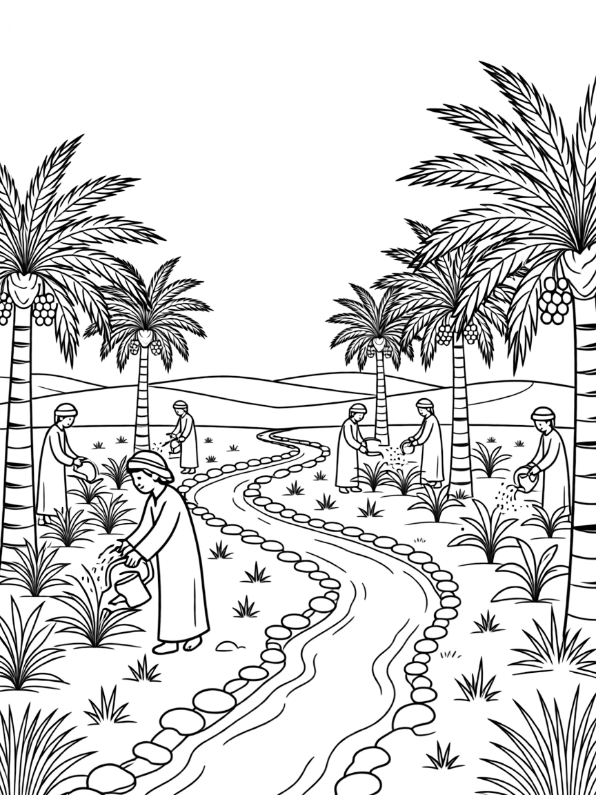 (Saudi Arabia) An oasis farm with palm trees irrigated by ancient channels and farmers tending the crops.