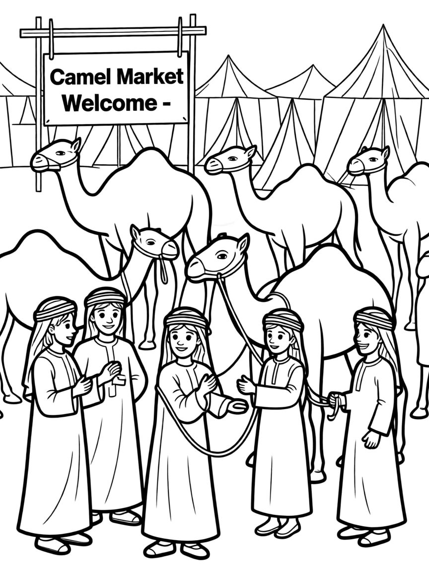 (Saudi Arabia) Traders and herders at a busy camel market, negotiating prices among dozens of camels.