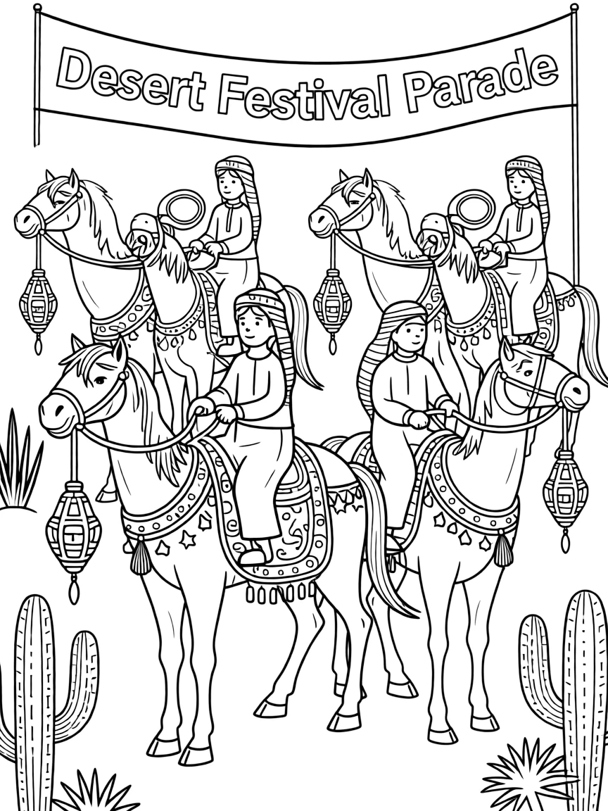 (Saudi Arabia) Riders in a desert festival parade on richly decorated horses and camels.