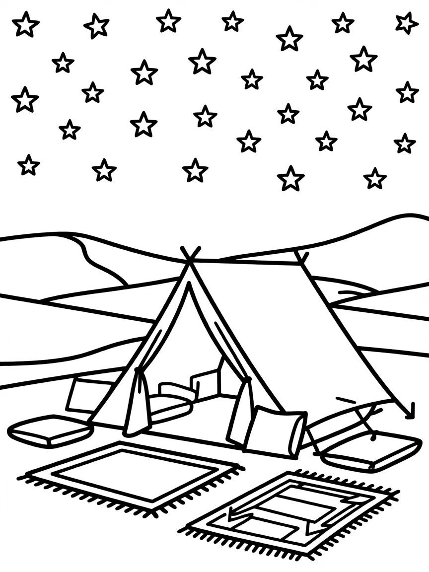 (Saudi Arabia) A Bedouin tent set up in the desert at night under a sky filled with sparkling stars.