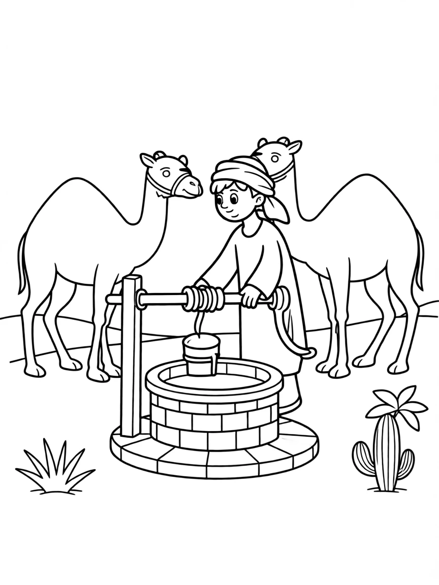 (Saudi Arabia) A camel herder drawing water from a well to give his thirsty camels a drink.