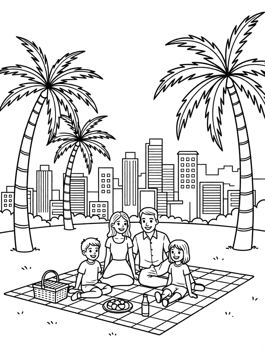 (Saudi Arabia) A family relaxing on a carpet at a park picnic with palm trees and city skyscrapers behind them.