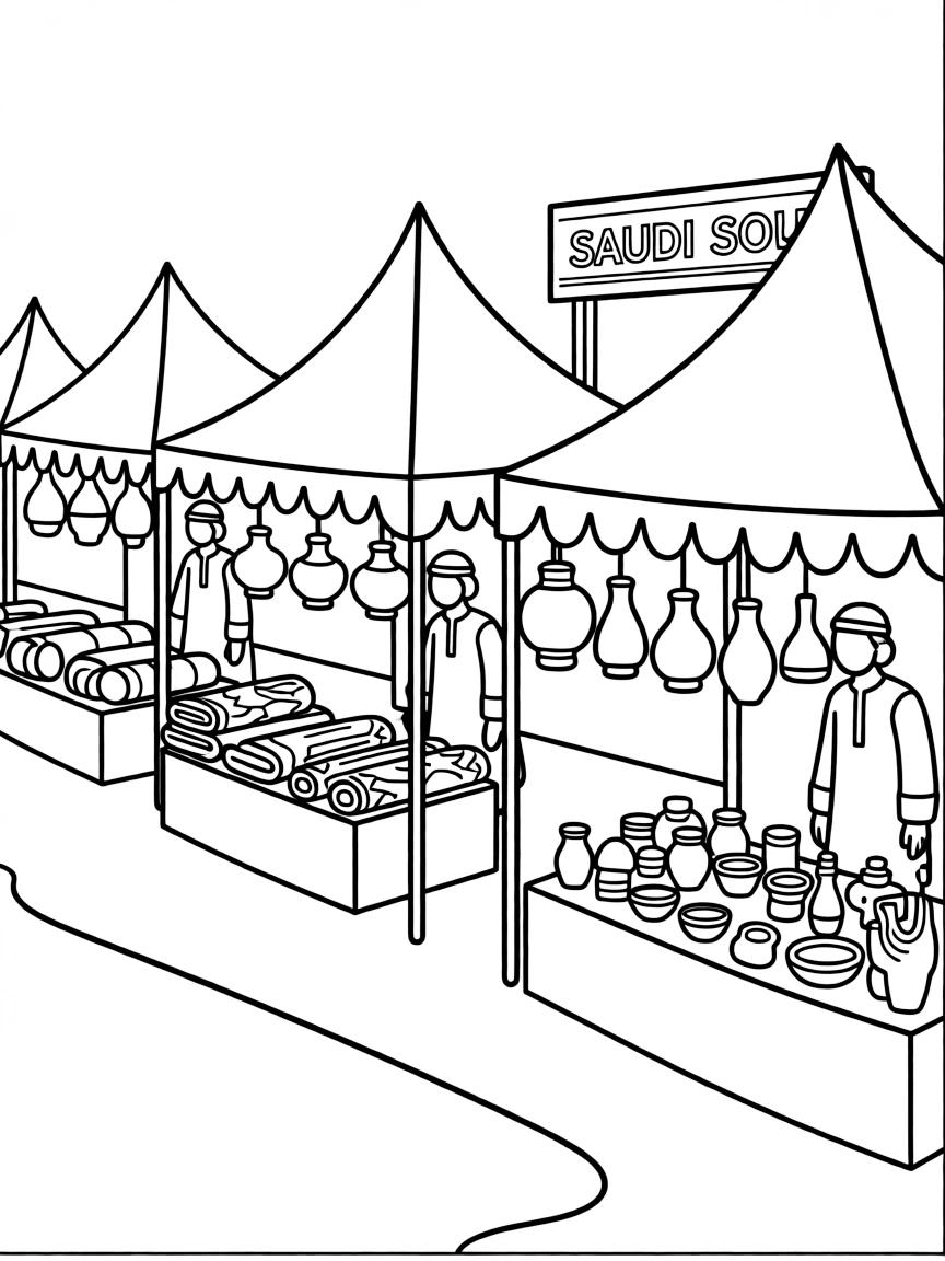 (Saudi Arabia) An open-air souk with tents where merchants sell carpets, brass lamps, and handicrafts.