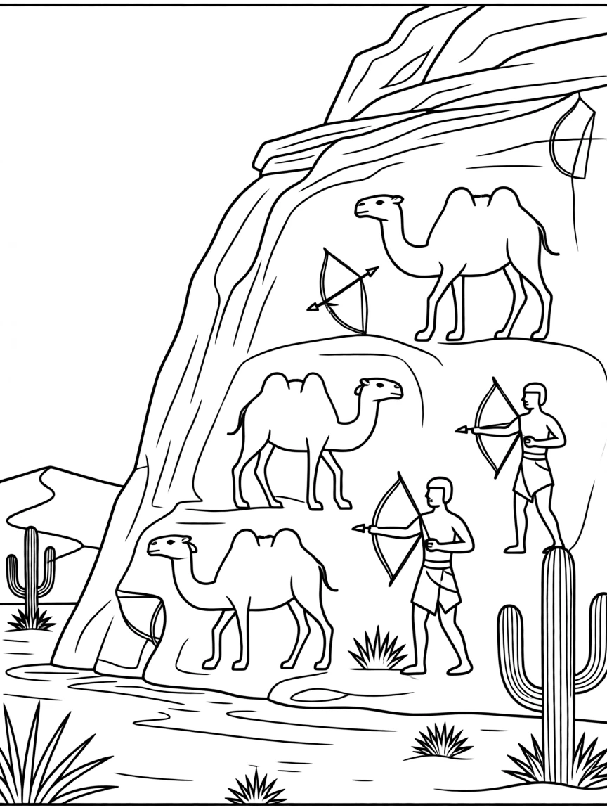 (Saudi Arabia) Ancient petroglyphs (rock carvings) of camels and hunters etched into a desert cliff.