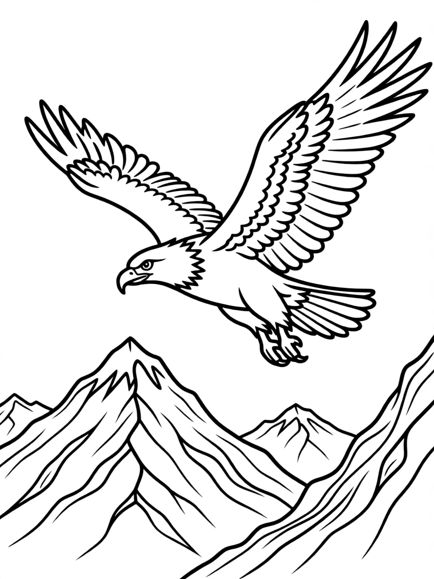 (United States) A bald eagle soaring above mountain peaks