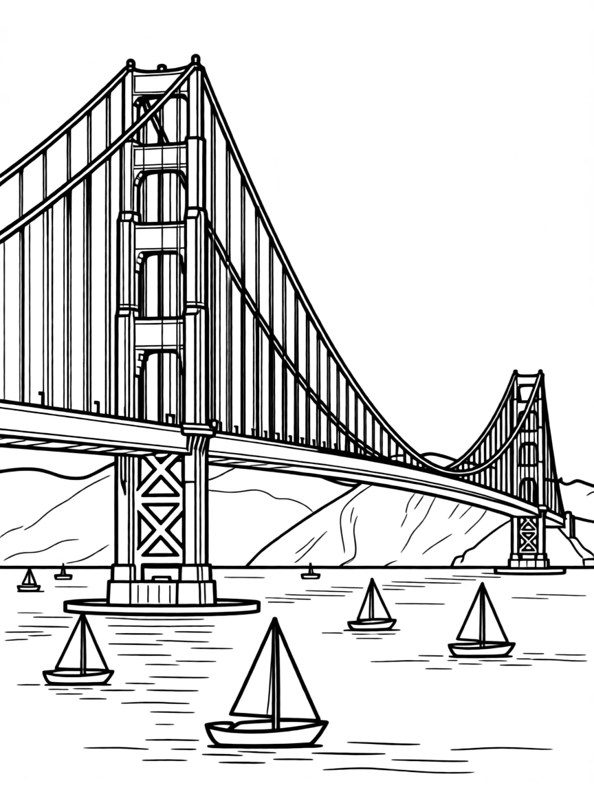 (United States) The Golden Gate Bridge spanning over the bay with boats below