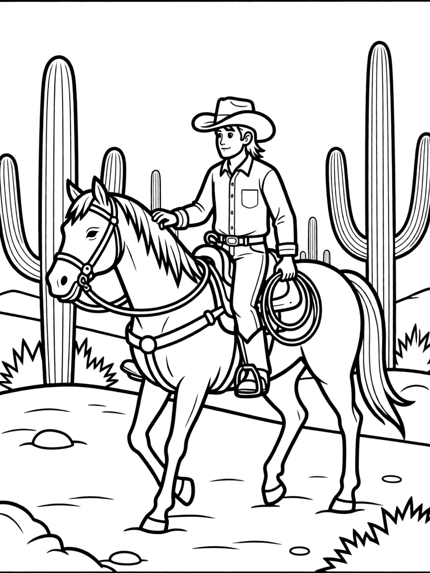 (United States) A cowboy on horseback riding through a desert with cacti