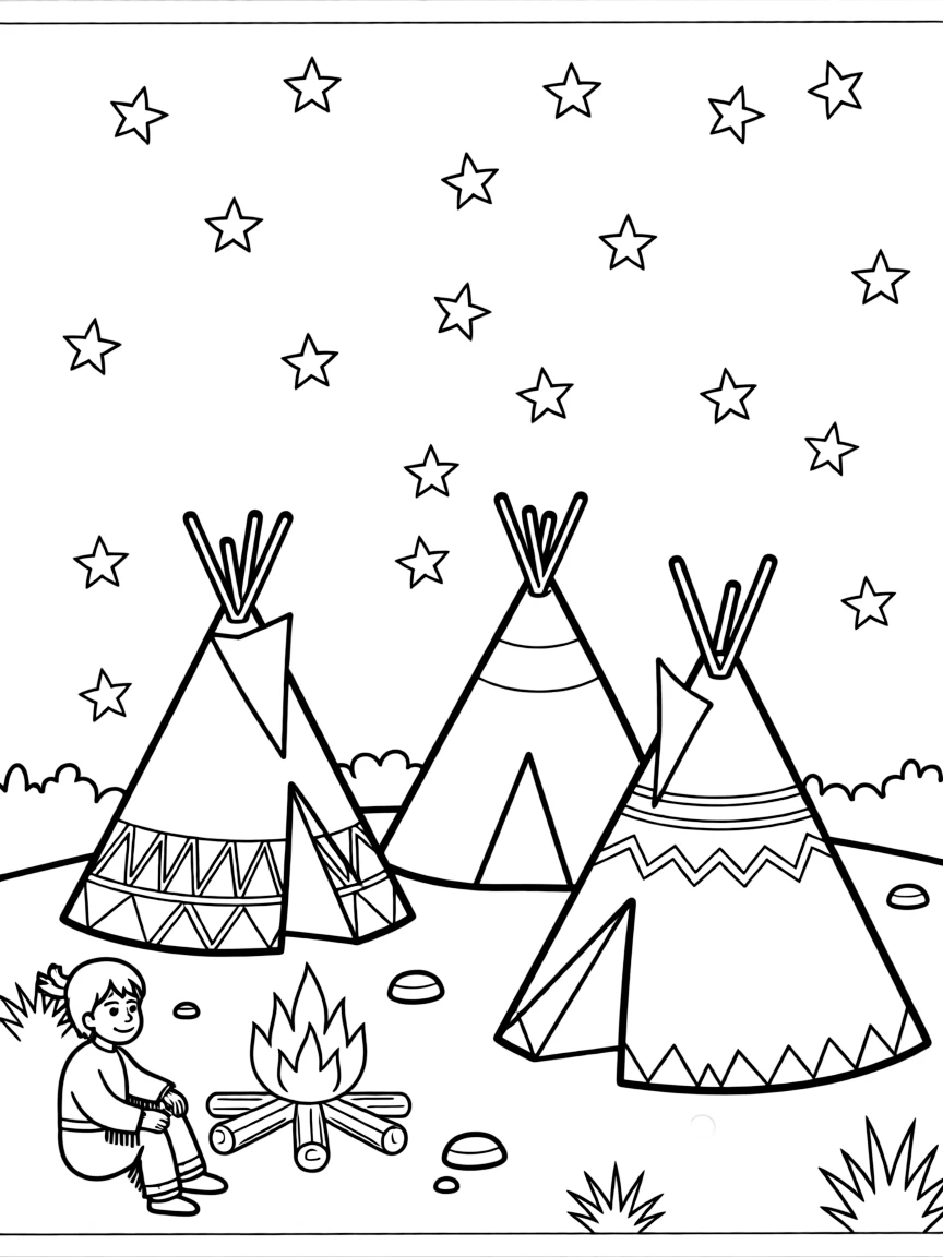 (United States) A Native American teepee camp under a starry night sky