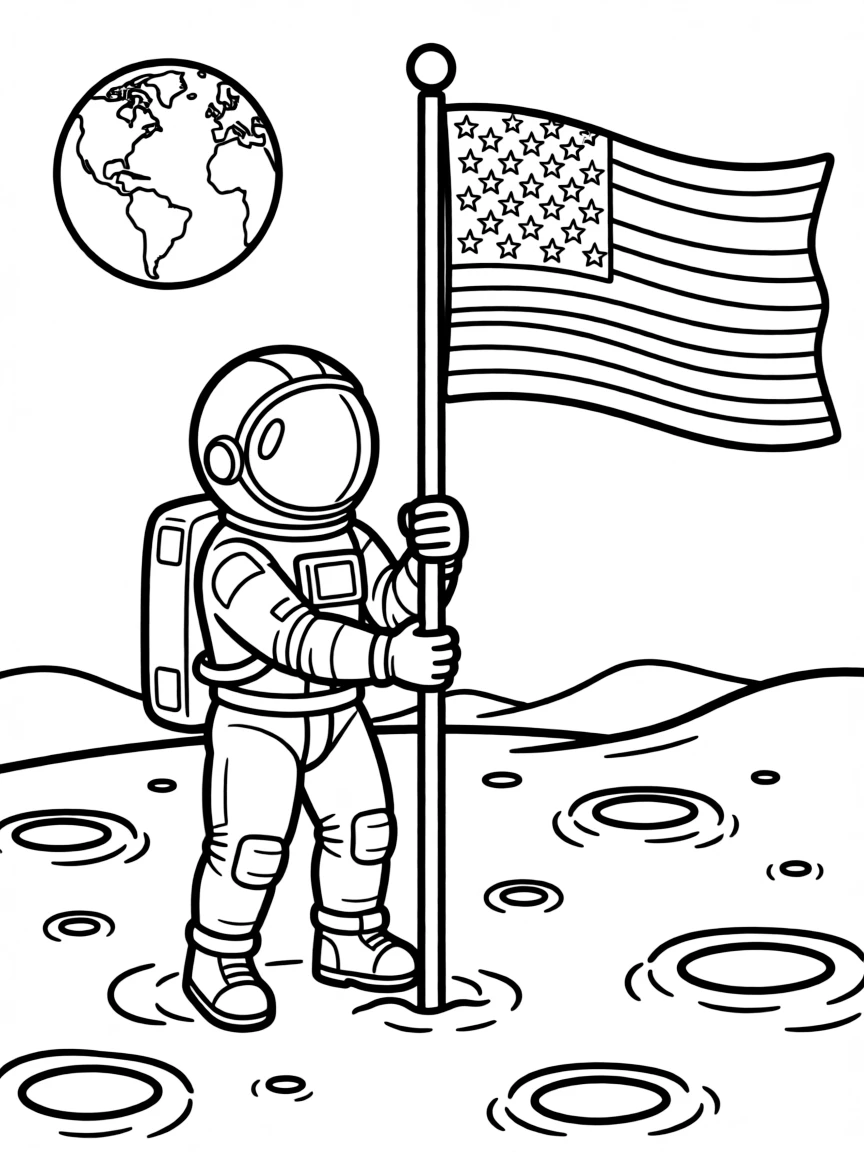 (United States) An astronaut planting an American flag on the Moon
