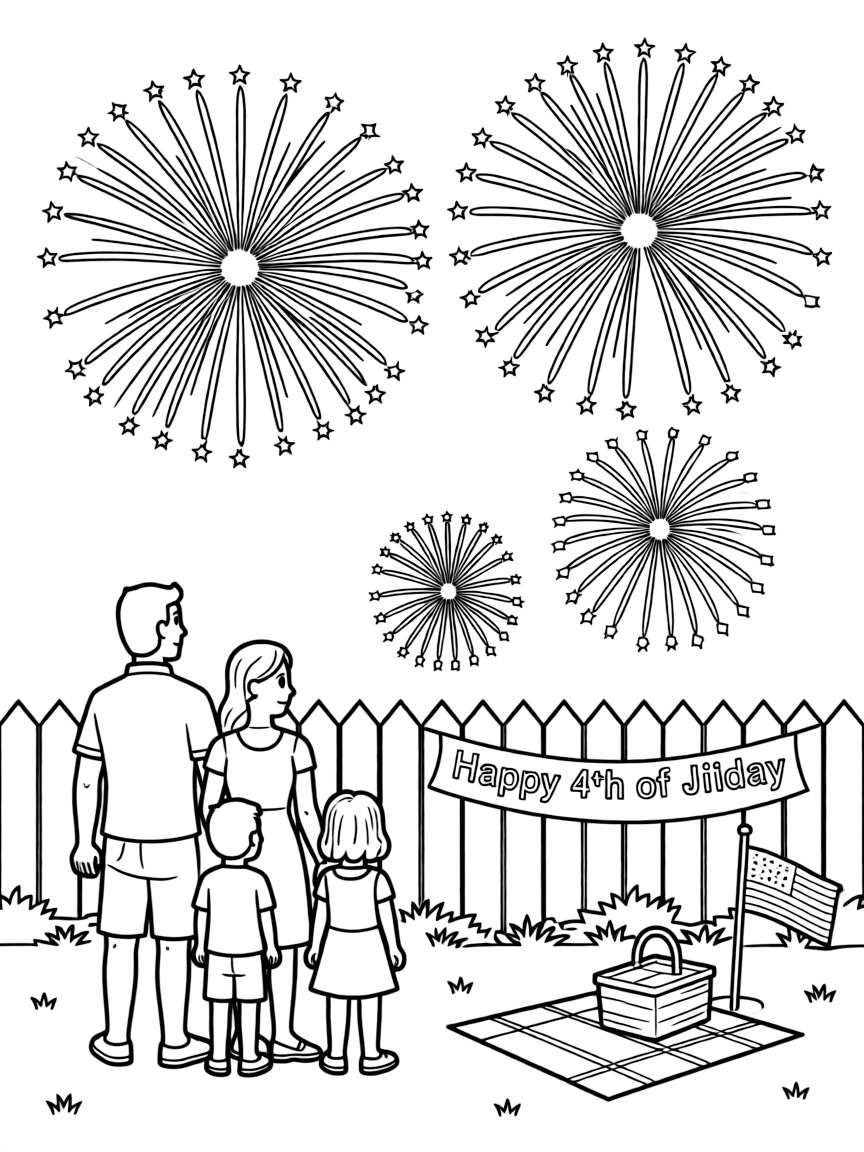 (United States) A family watching Fourth of July fireworks light up the sky