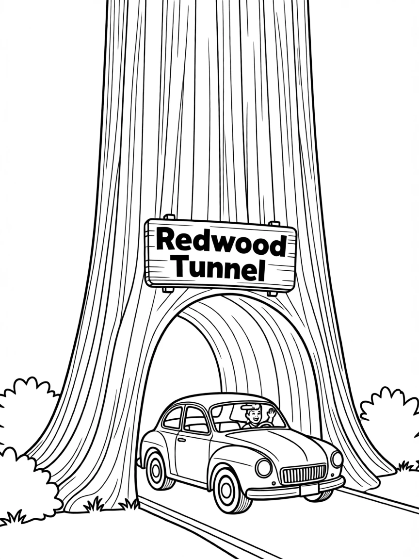 (United States) A giant redwood tree with a car driving through a tunnel in its trunk
