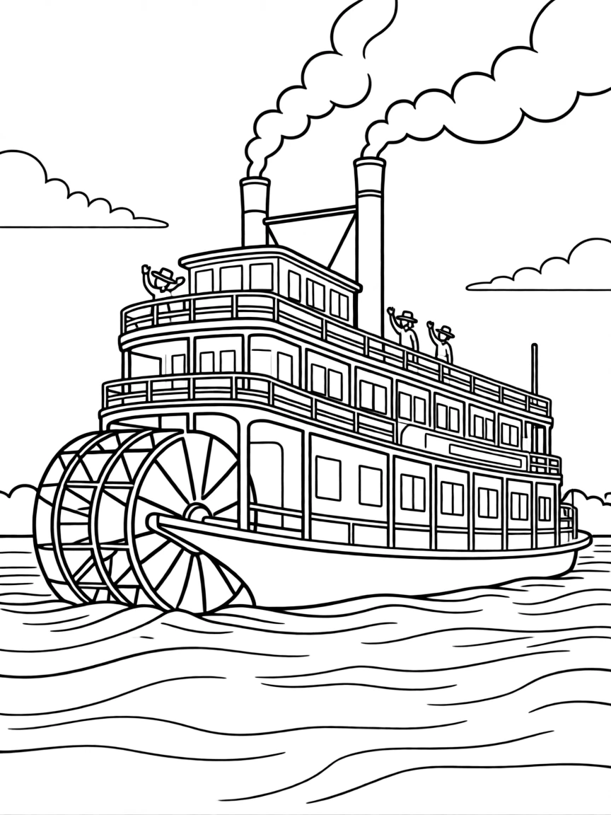 (United States) A Mississippi River paddlewheel steamboat chugging down the water