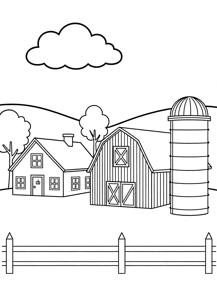 (United States) A farmhouse with a red barn and silo in the countryside