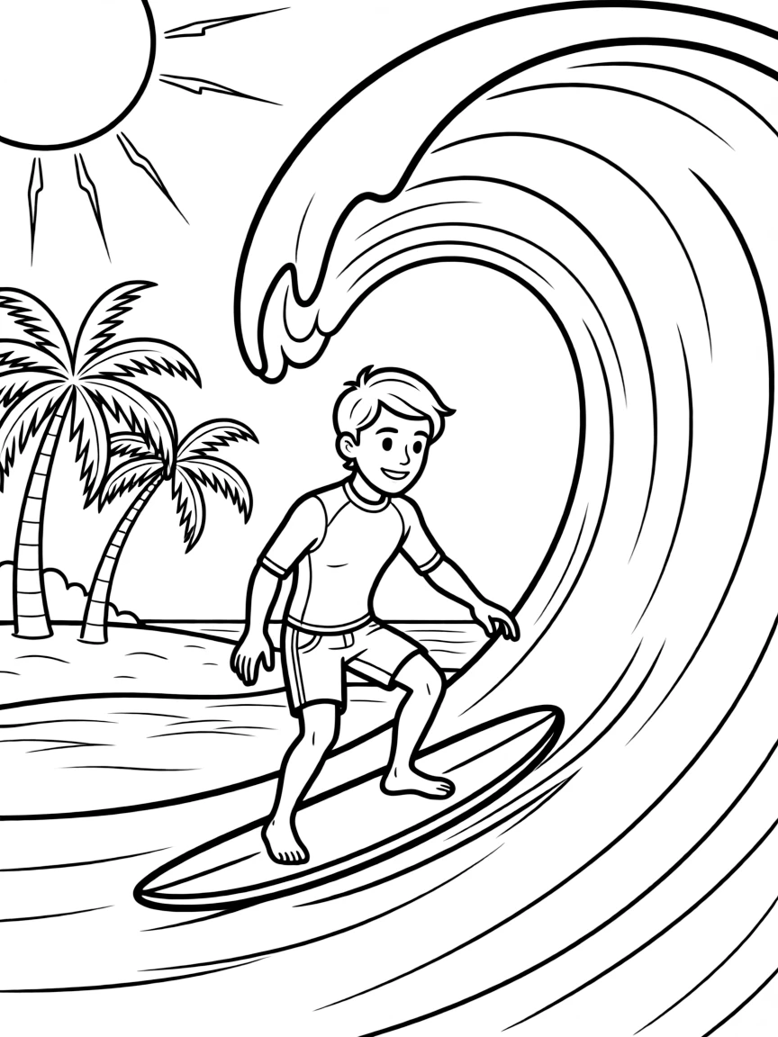 (United States) A surfer catching a wave on a sunny Hawaiian beach
