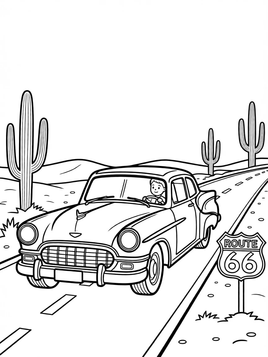 (United States) A classic car driving on Route 66 past desert and cacti