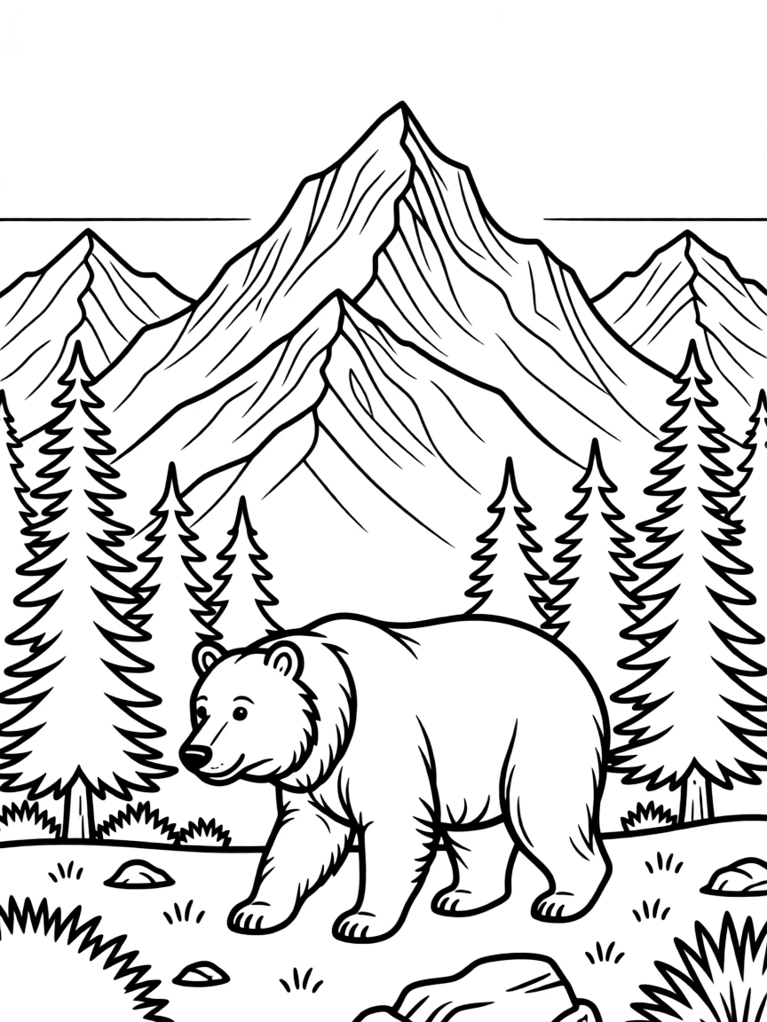 (United States) Snow-capped Rocky Mountains with a bear walking in the forest