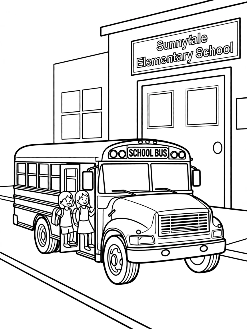 (United States) A yellow school bus picking up children in front of a school