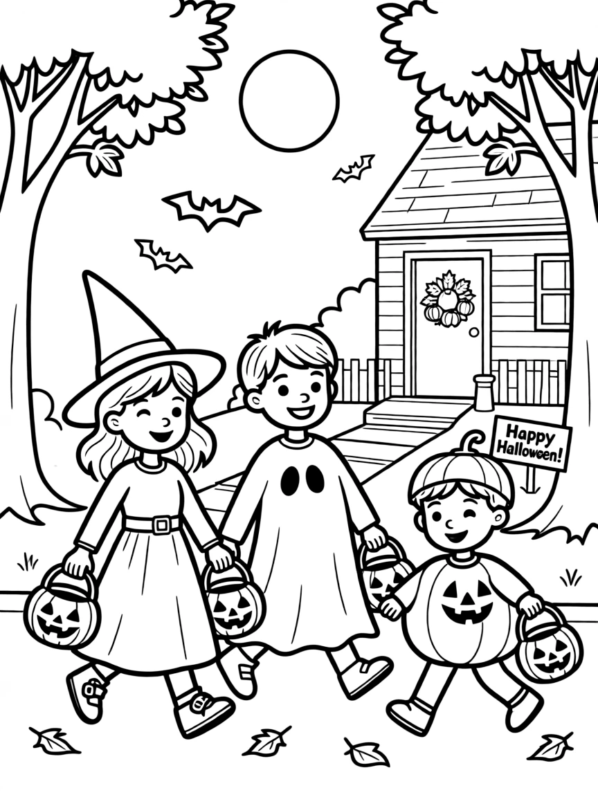 (United States) Children trick-or-treating in costumes on Halloween night