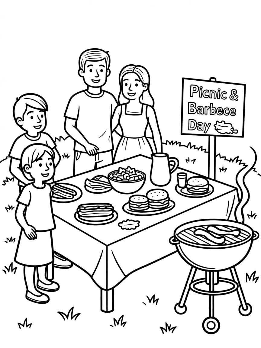 (United States) A family having a picnic barbecue with hot dogs and hamburgers