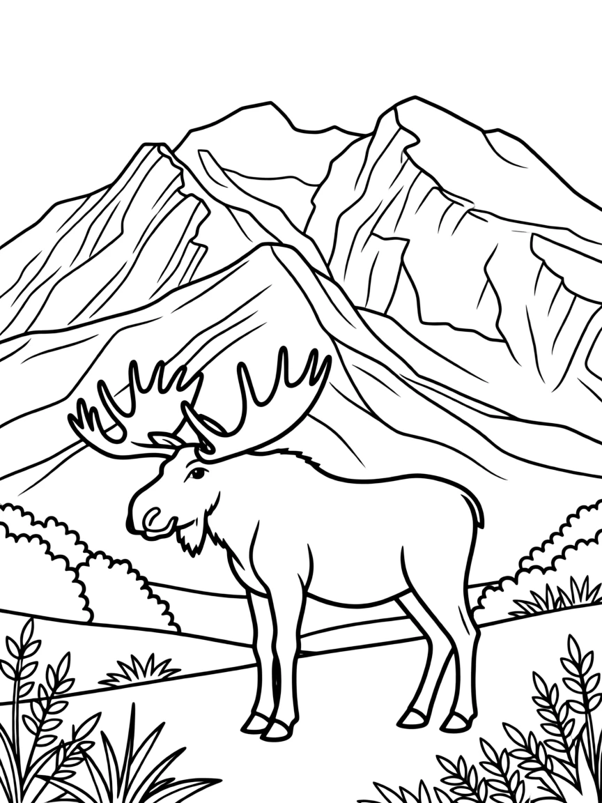 (United States) Denali (Mount McKinley) towering over an Alaskan landscape with a moose