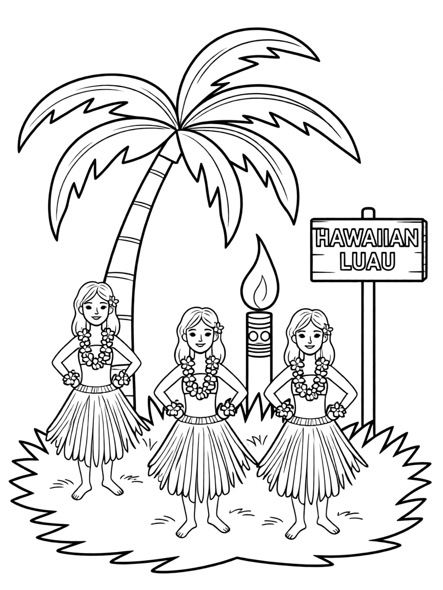 (United States) Hula dancers swaying in grass skirts at a Hawaiian luau